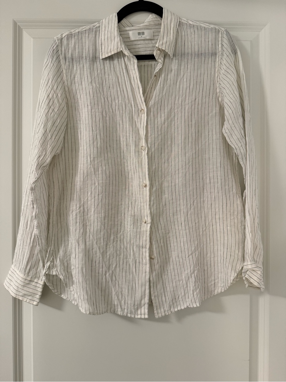 Uniqlo Cream Button-Up Shirt with Black Pinstripes